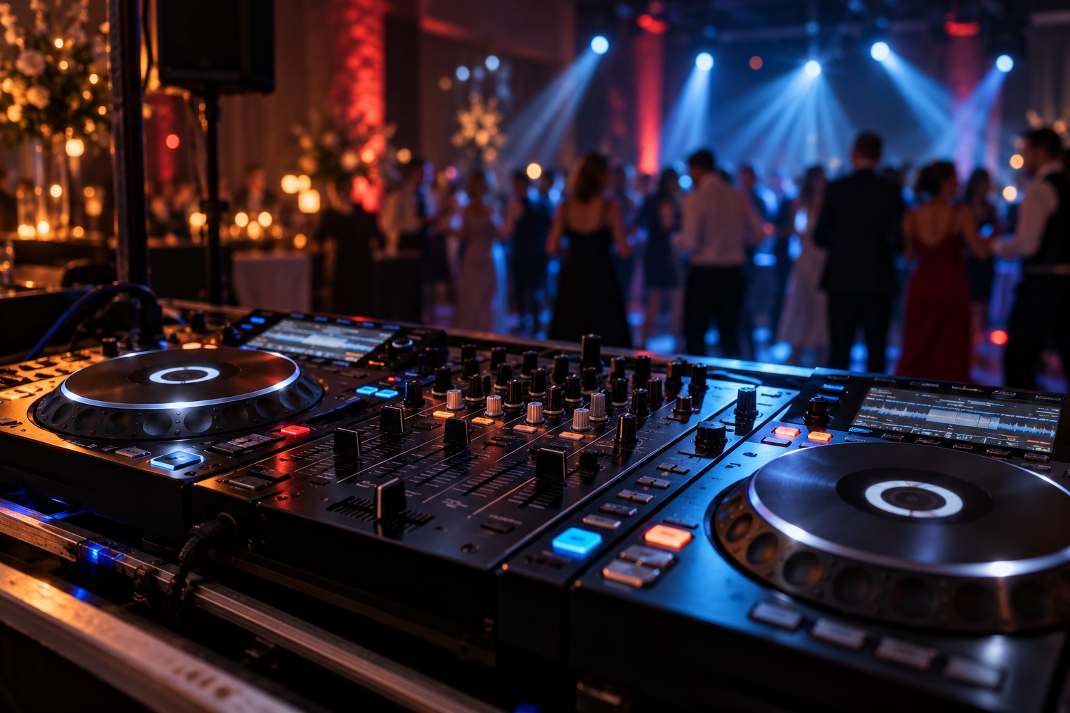 KI-Illustration: DJ-Pult vor einer Tanzfläche mit blau-roter Lichtshow